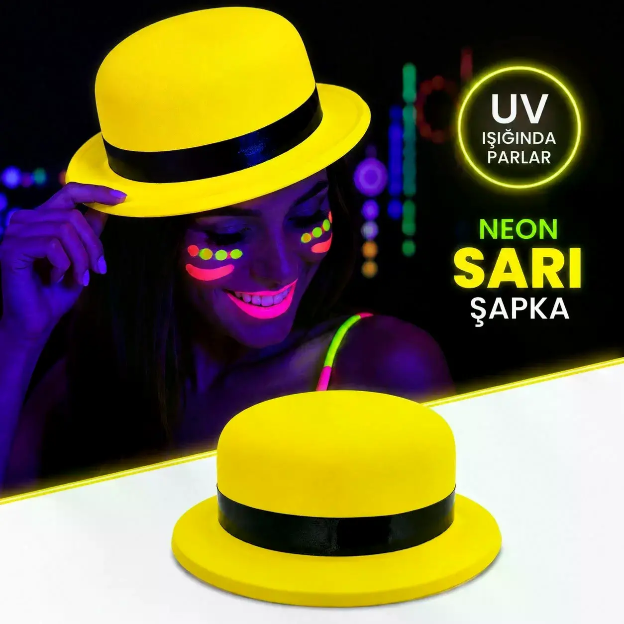 Neon Sarı Uv Parti Şapkası Plastik