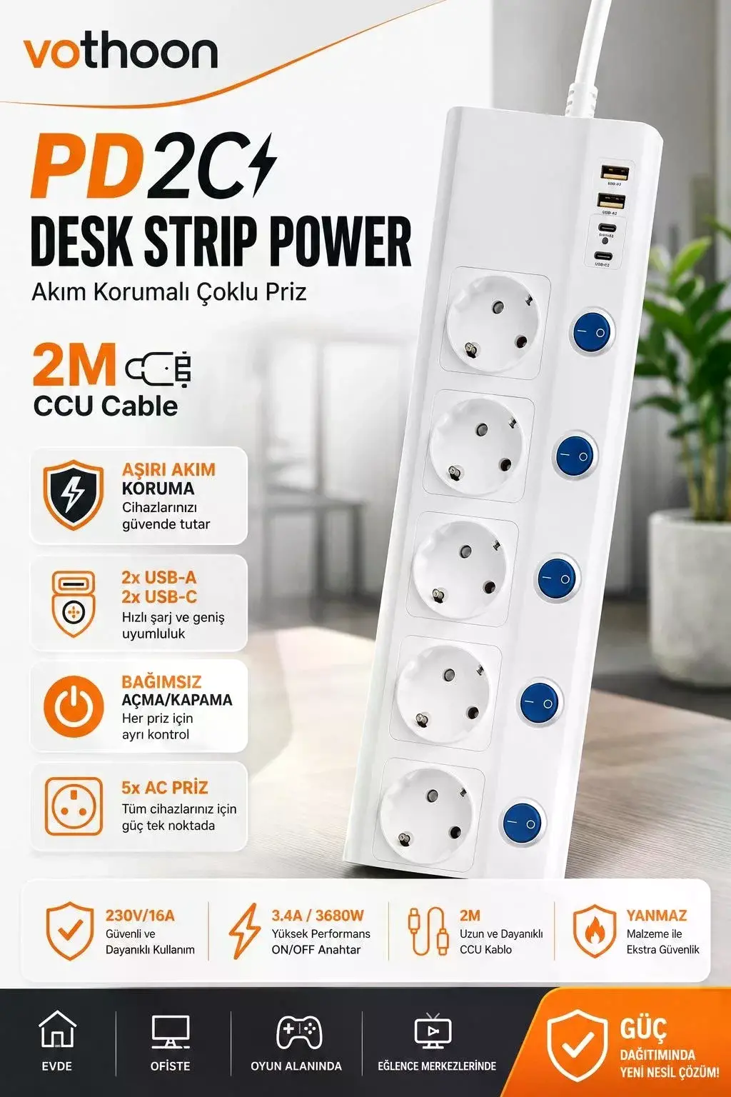 5’li Akım Korumalı Çoklu Priz 2 Metre Kablolu 3680w 16a 5 Anahtarlı 2usb-a 2 Usb-c Pd 20w Hızlı Ftr-28