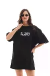 Unisex Bisiklet Yaka Baskılı Oversize T-Shirt - Siyah-3