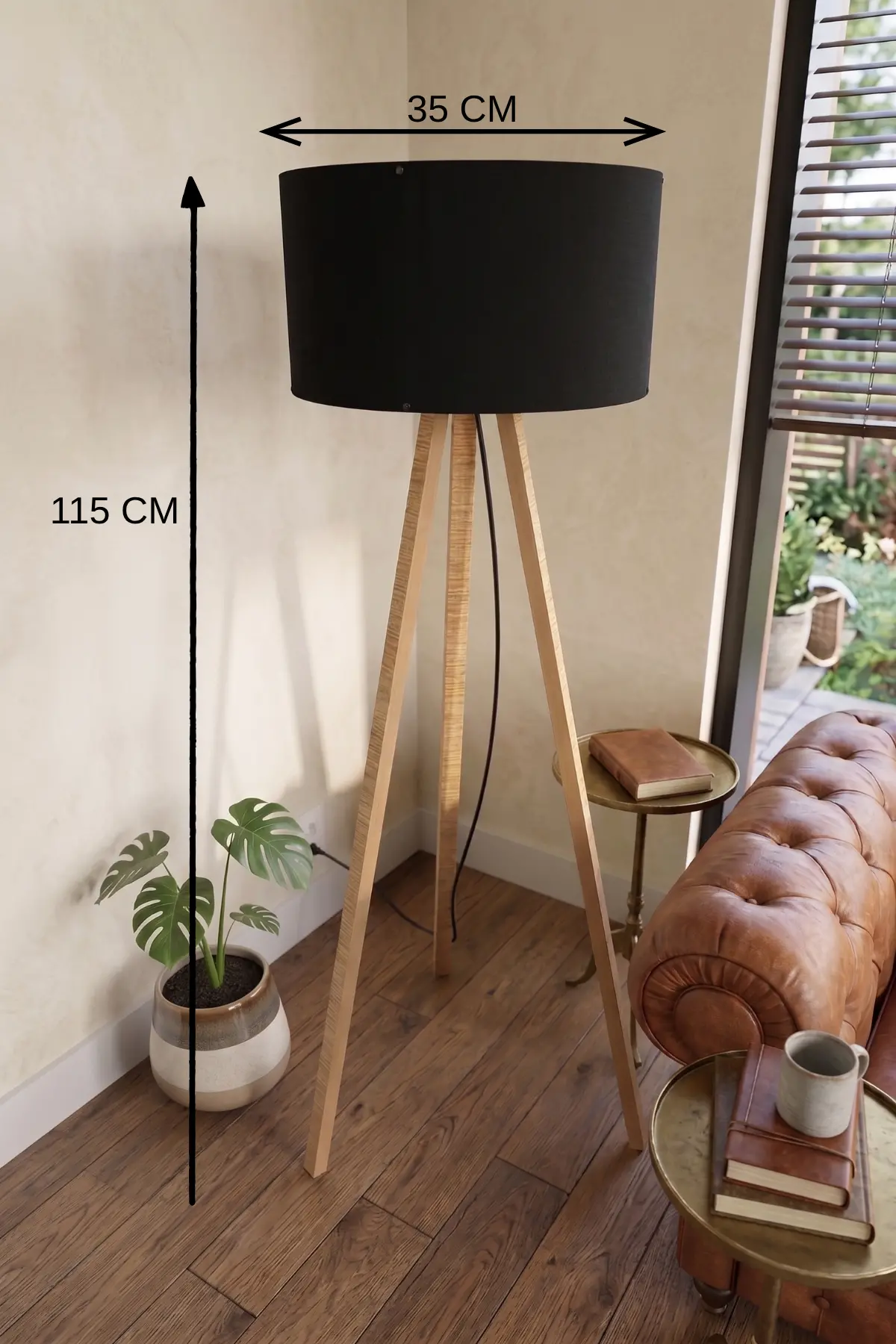 3 Ayaklı Tripod Lambader Siyah Kumaş Başlık