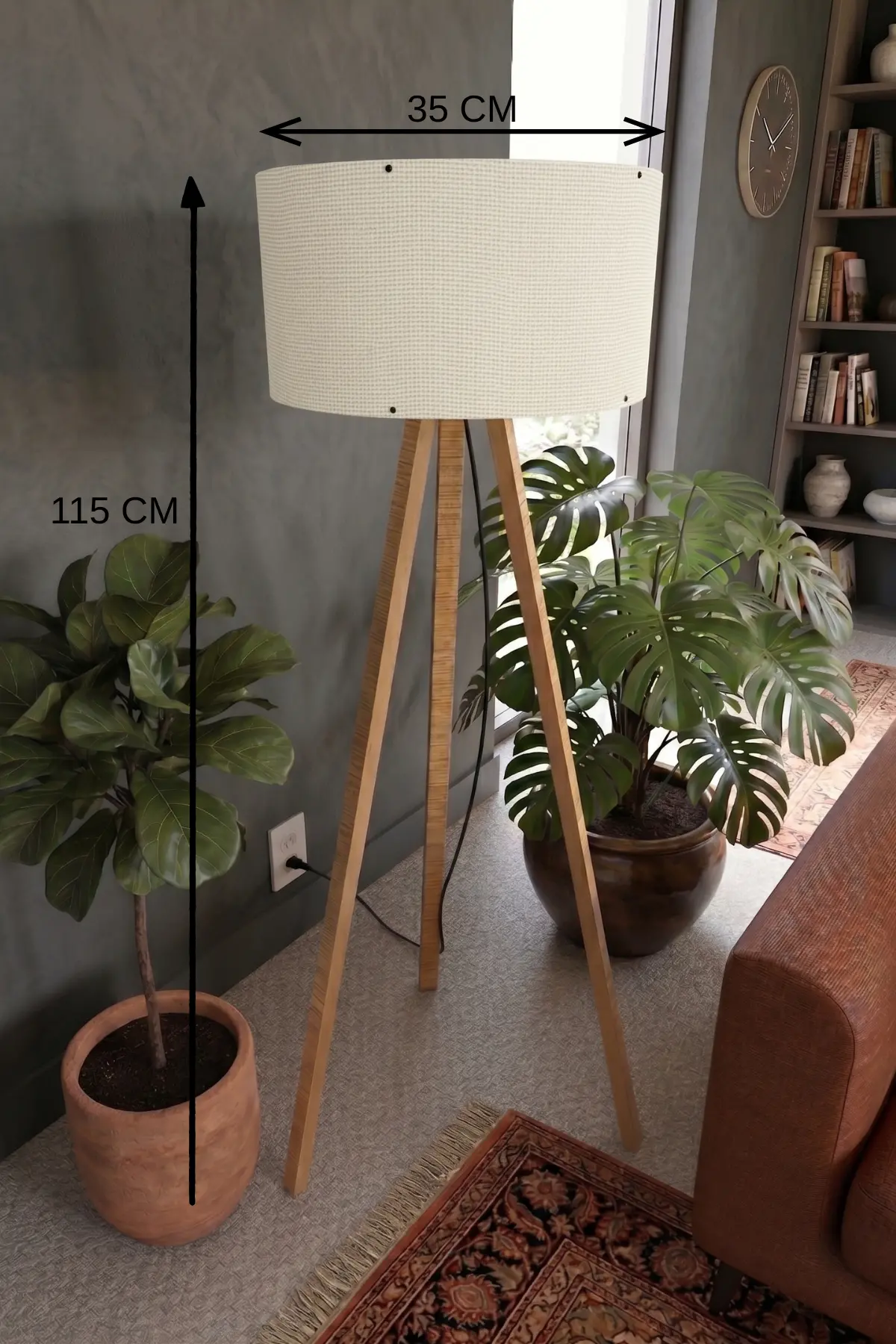 3 Ayaklı Tripod Lambader Krem Kumaş Başlık