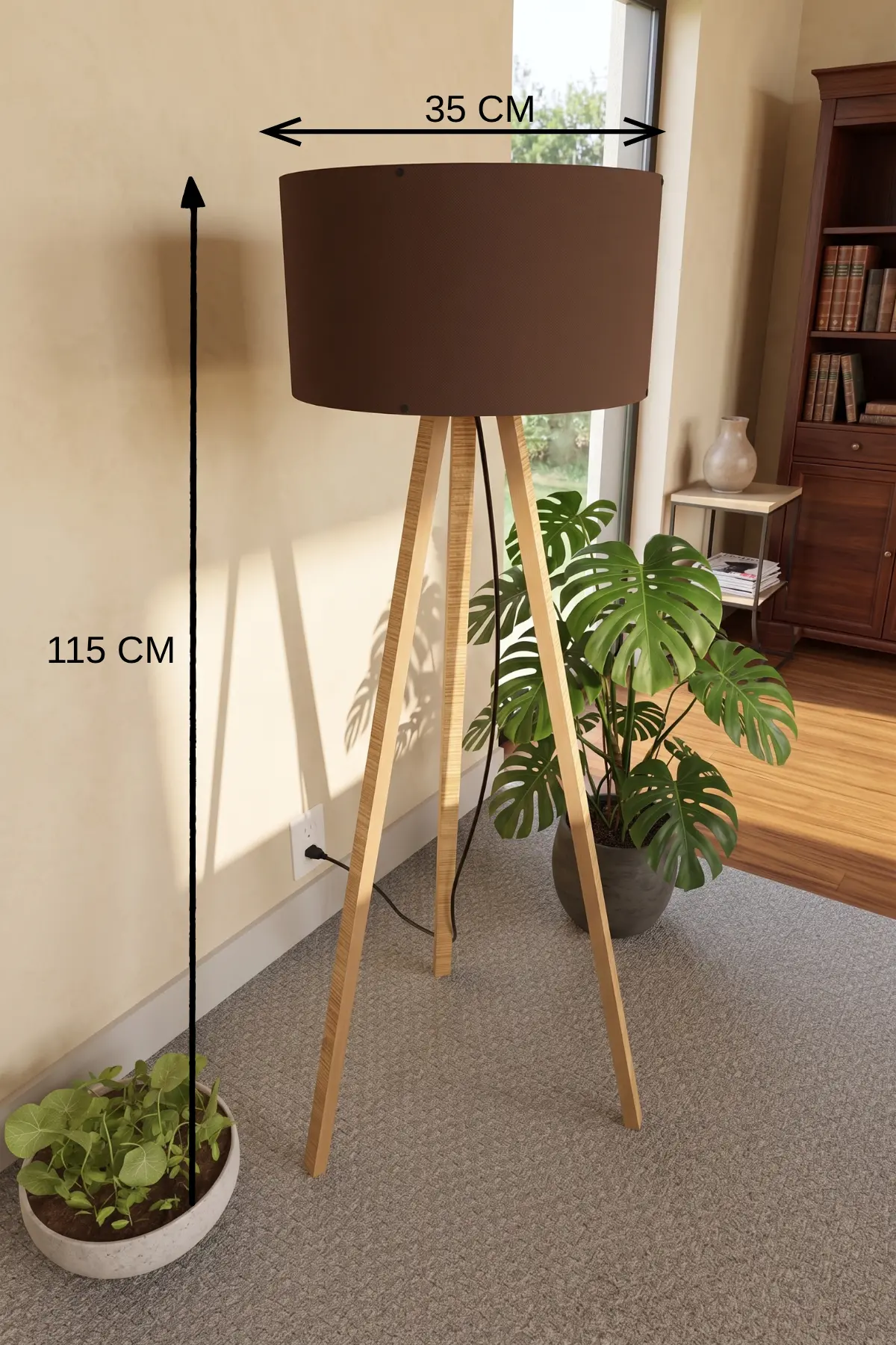3 Ayaklı Tripod Lambader Kahverengi Kumaş Başlık