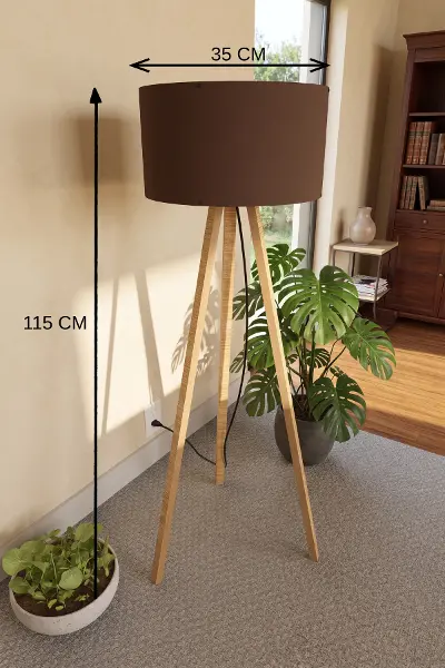 3 Ayaklı Tripod Lambader Kahverengi Kumaş Başlık