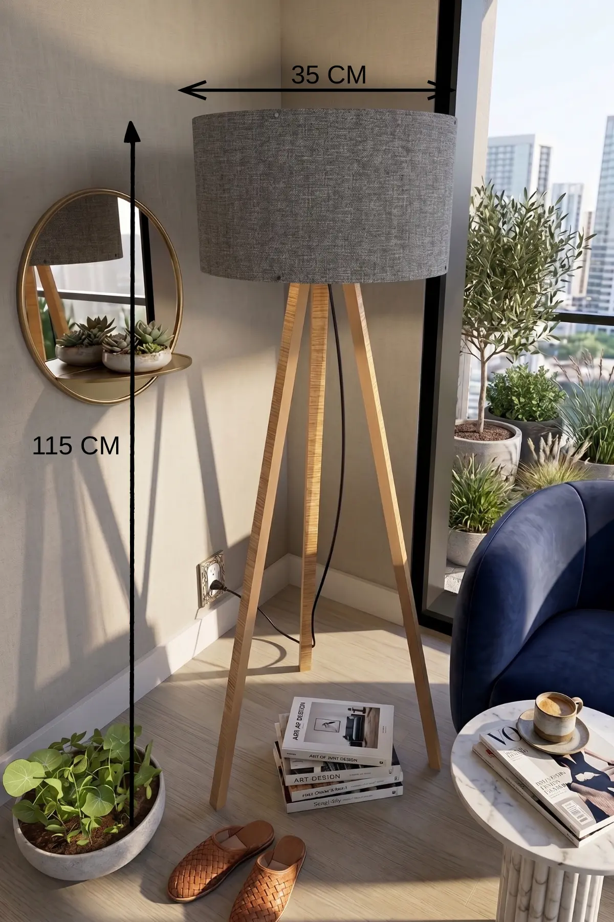 3 Ayaklı Tripod Lambader Koyu Gri Kumaş Başlık