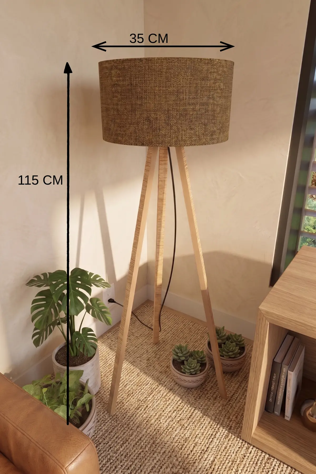 3 Ayaklı Tripod Lambader Tütün Kahve Kumaş Başlık