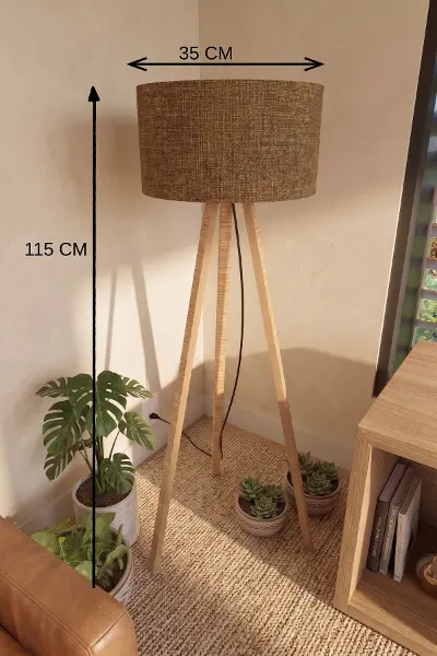 3 Ayaklı Tripod Lambader Tütün Kahve Kumaş Başlık