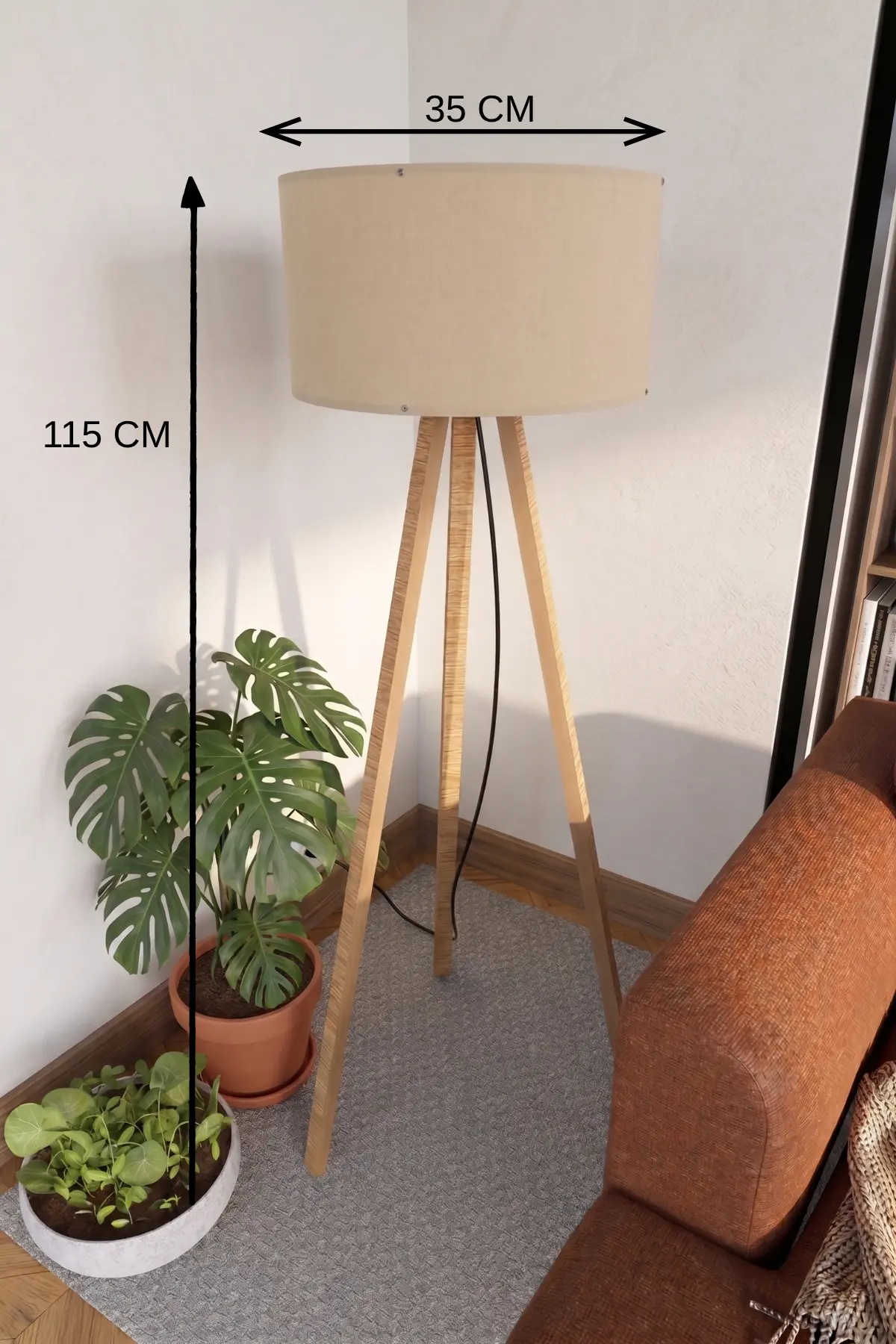 3 Ayaklı Tripod Lambader Bej Kumaş Başlık