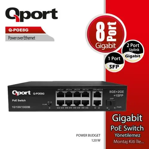 Q-POE8G 8 PORT 10/100/1000 8 PORT POE 2 PORT UPLINK + 1 SFP 120W YONETILEMEZ DESKTOP SWITCH
