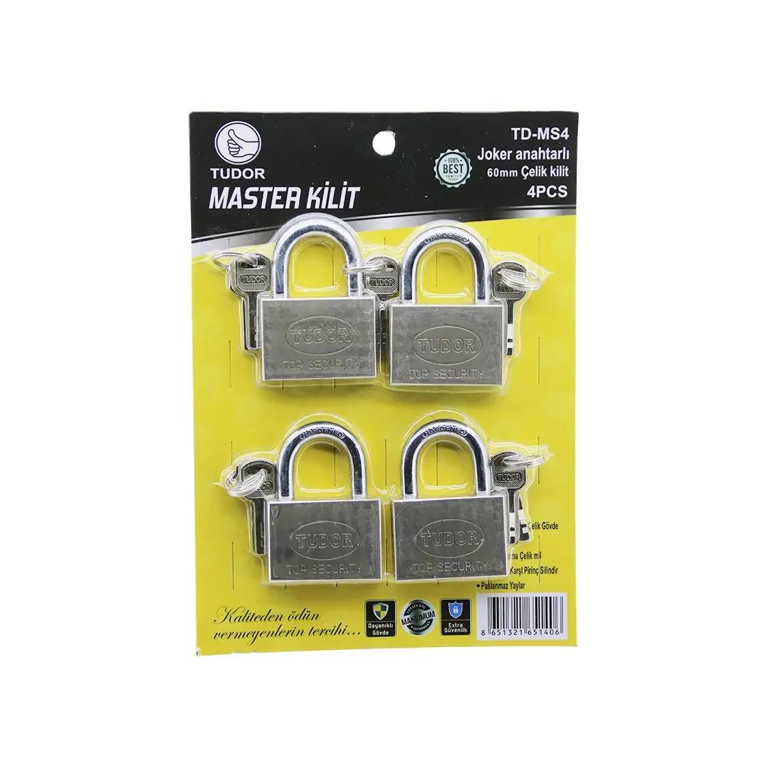 TUDOR TD-MS4 MASTER 4PCS JOKER ANAHTARLI=TEK ANAHTARLA 4 KİLİT AÇ 60MM - GRİ KISA KANCALI ÇELİK ASMA KİLİT (4745)