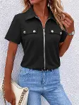 Kadın Kısa Kollu Ceket Yaka önü Fermuarlı Cep Detay Kısa Kol Ithal Krep Bluz-3