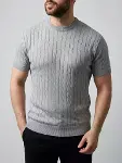 Erkek Yazlık Triko Dokuma Tişört Kısa Kol Bisiklet Yaka Örgü Desenli T-Shirt - Gri-3