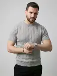Erkek Yazlık Triko Dokuma Tişört Kısa Kol Bisiklet Yaka Örgü Desenli T-Shirt - Gri-4