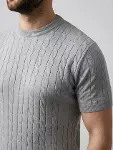 Erkek Yazlık Triko Dokuma Tişört Kısa Kol Bisiklet Yaka Örgü Desenli T-Shirt - Gri-1