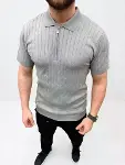 Erkek Yazlık Triko Saç Örgü Tişört Kısa Kol Polo Yaka Fermuarlı T-Shirt - Gri-2