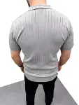 Erkek Yazlık Triko Saç Örgü Tişört Kısa Kol Polo Yaka Fermuarlı T-Shirt - Gri-3