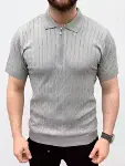Erkek Yazlık Triko Saç Örgü Tişört Kısa Kol Polo Yaka Fermuarlı T-Shirt - Gri-4