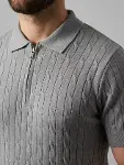 Erkek Yazlık Triko Saç Örgü Tişört Kısa Kol Polo Yaka Fermuarlı T-Shirt - Gri-1