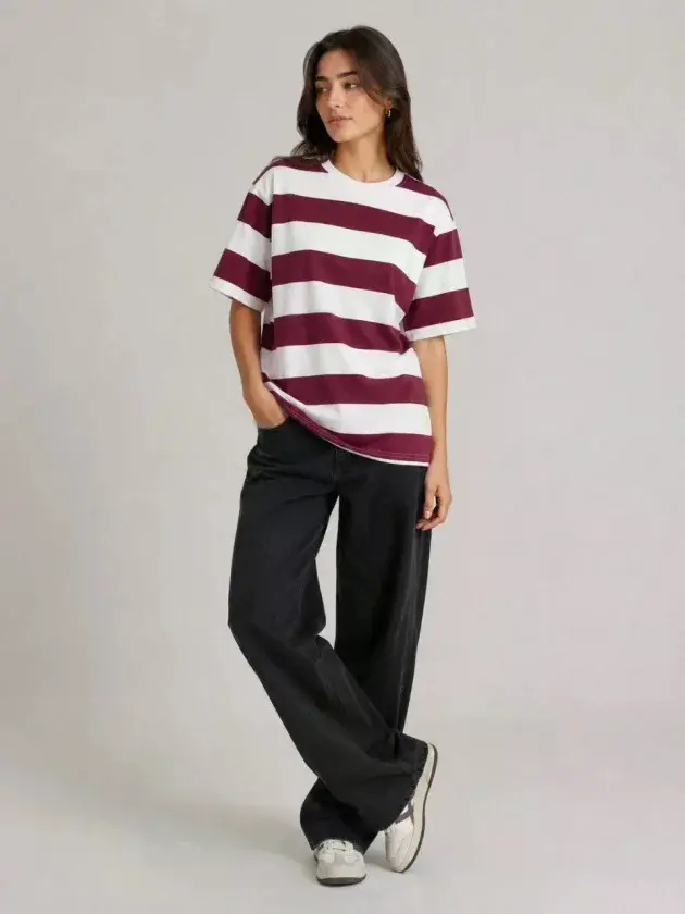 Çizgili Oversize Tişört Bisiklet Yaka Kısa Kol Yazlık T-Shirt - Bordo-1 Çizgili Oversize Tişört Bisiklet Yaka Kısa Kol Yazlık T-Shirt - Bordo-1