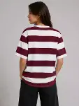 Çizgili Oversize Tişört Bisiklet Yaka Kısa Kol Yazlık T-Shirt - Bordo-2