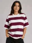 Çizgili Oversize Tişört Bisiklet Yaka Kısa Kol Yazlık T-Shirt - Bordo-3