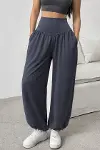 Kadın Yüksek Bel Büzgülü Cepli Geniş Kesim Viskon Iki Iplik Pantolon-3
