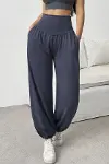 Kadın Yüksek Bel Büzgülü Cepli Geniş Kesim Viskon Iki Iplik Pantolon-4