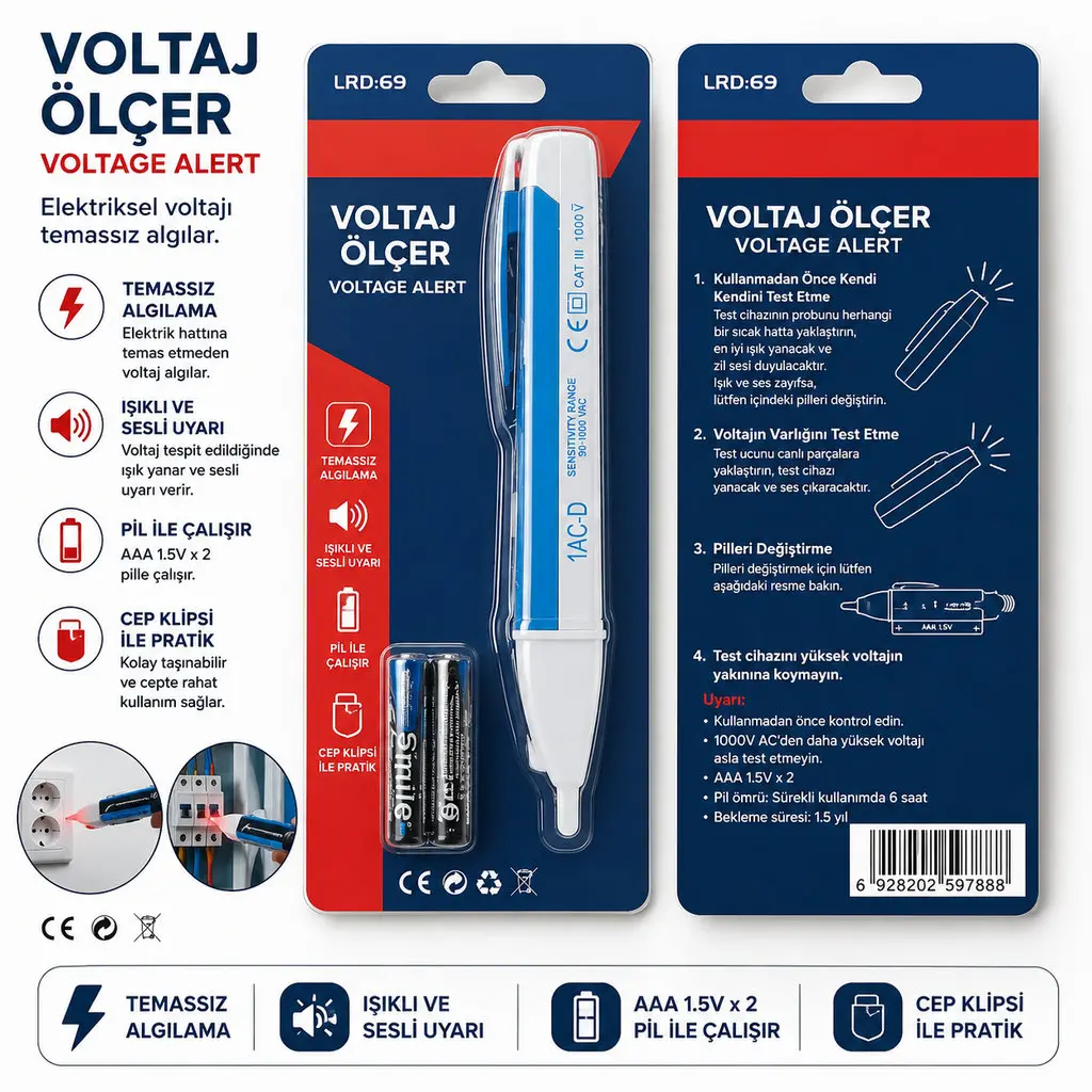 Temassız Voltaj Ölçer Kalemi 90-1000V AC – LED Işıklı ve Sesli Elektrik Test Cihazı