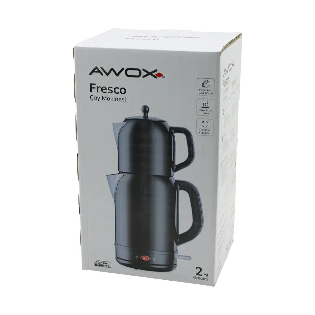 AWOX FRESCO SİYAH ELEKTRİKLİ ÇAY MAKİNESİ ÇAYCI SET 1.7LT SU ISITICI + 1.2LT DEMLİK PASLANMAZ ÇELİK GÖVDE 2200W (4745)