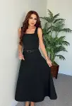 Kadın Askılı Kare Yakalı Kemersiz A şeklinde Gelen Uzun Ithal Krep Elbise-1