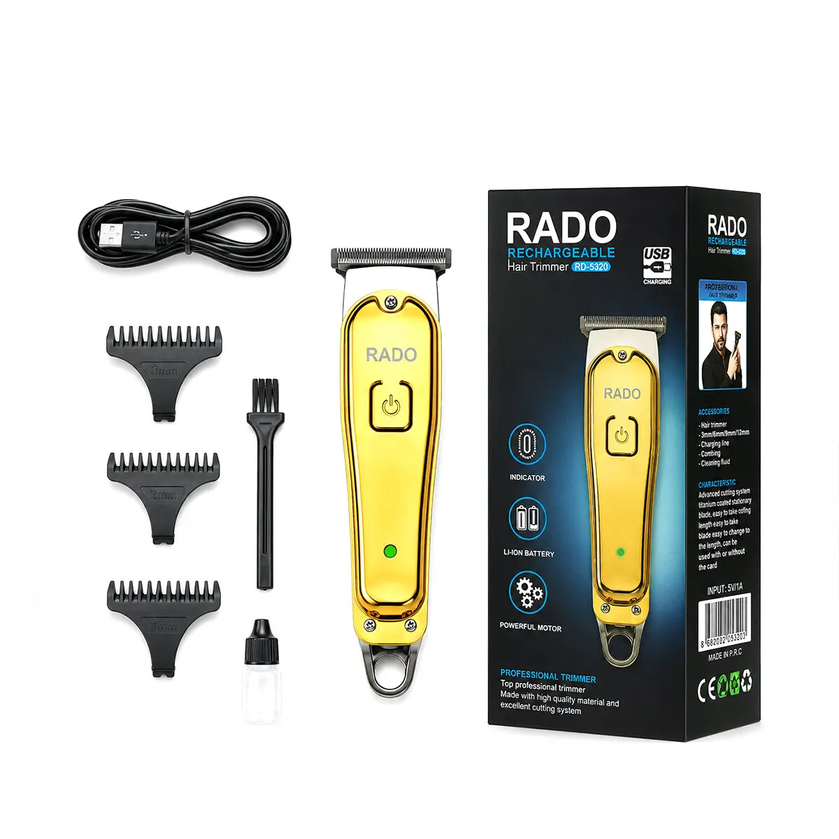 SARI METAL KAPLAMA - USB SARJLI - T BIÇAK 3 KESİM TARAK - YAĞ ŞİŞE - TEMİZLEME FIRÇA SAÇ SAKAL KESME - TRAŞ MAKİNE RD-3638 (4745)