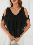 Kadın Kısa Kollu V Yakalı Omuzlardan Açık Salaş şifon Bluz-6