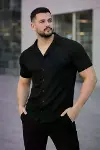 Erkek Waffle Kumaş Kısa Kollu Düğmeli Açık Yaka Regular Fit Gömlek - Siyah-3