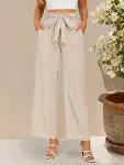 Kadın Yüksek Bel Lastikli Bağcıklı Uzun Geniş Kesim Detaylı Krinkıl Pantolon-1