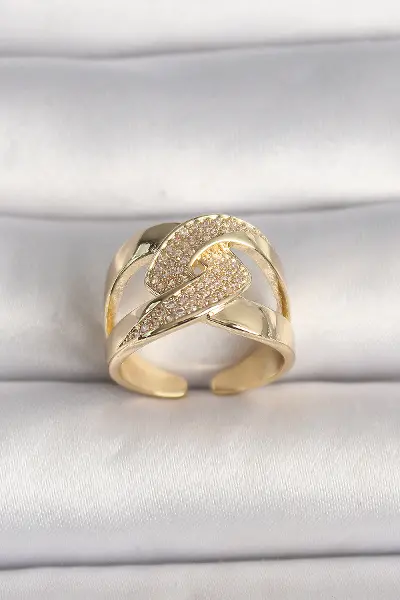 Pirinç Gold Renk Ayarlanabilir Zirkon Taşlı Kadın Yüzük TJ-BYK3602