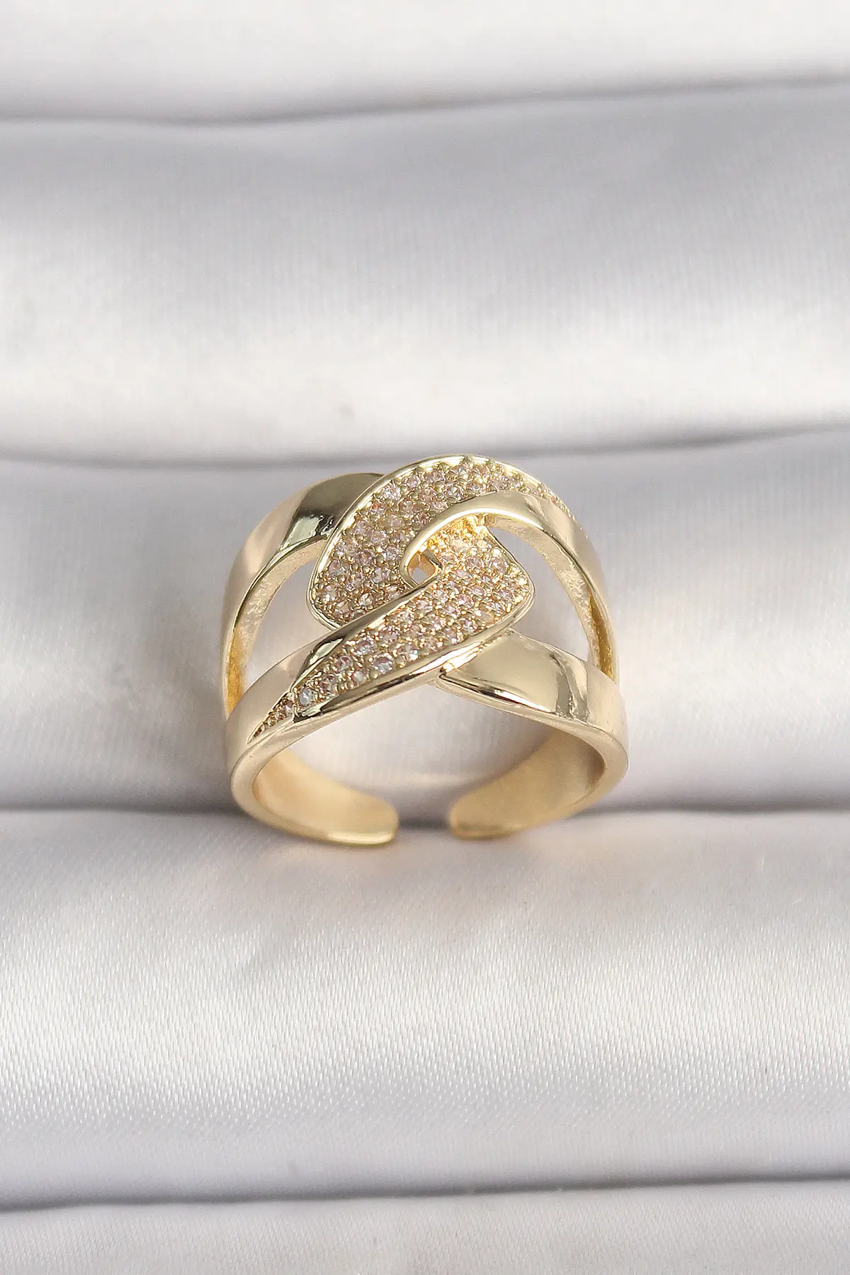 Pirinç Gold Renk Ayarlanabilir Zirkon Taşlı Kadın Yüzük TJ-BYK3602