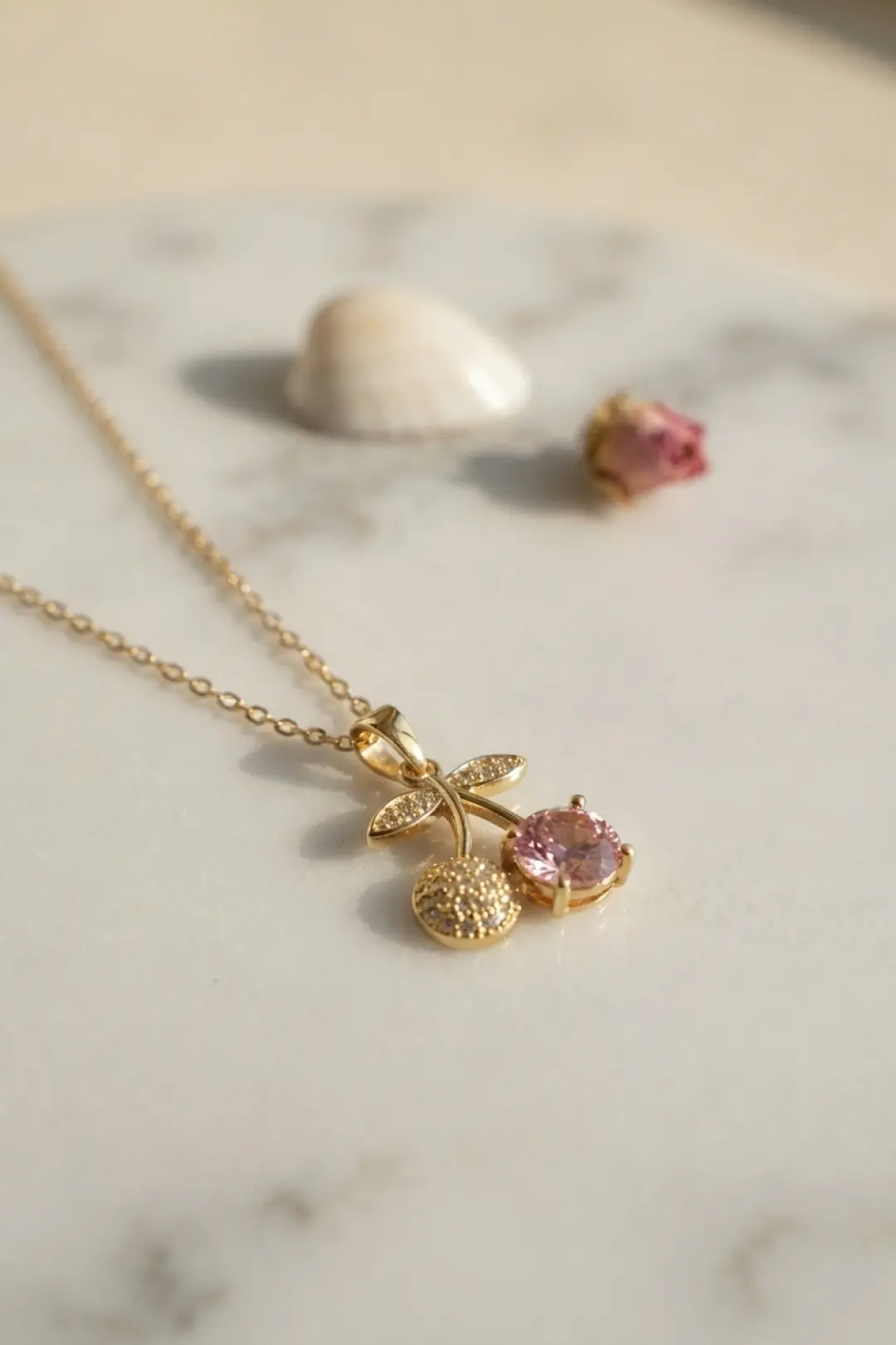 316L Çelik Zincir Gold Renk Pembe Kiraz Model Kolye TJ-BKO11190