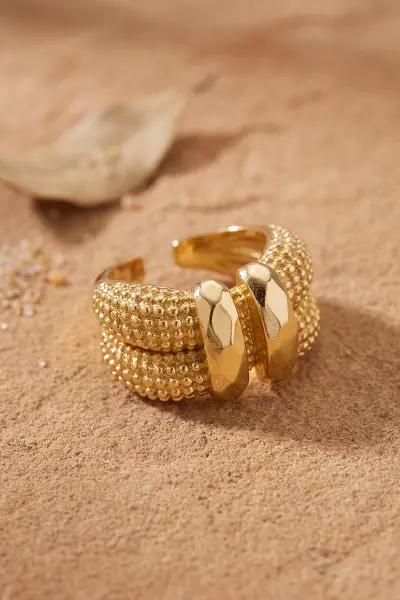 Granül Dokulu Çift Sıra Ayarlanabilir Gold Renk Yüzük TJ-BYK4220