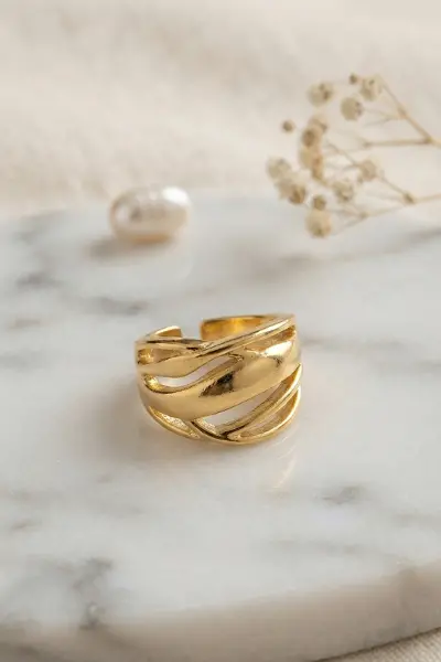 Örgü Formlu Geniş Tasarım Gold Renk Yüzük TJ-BYK4227
