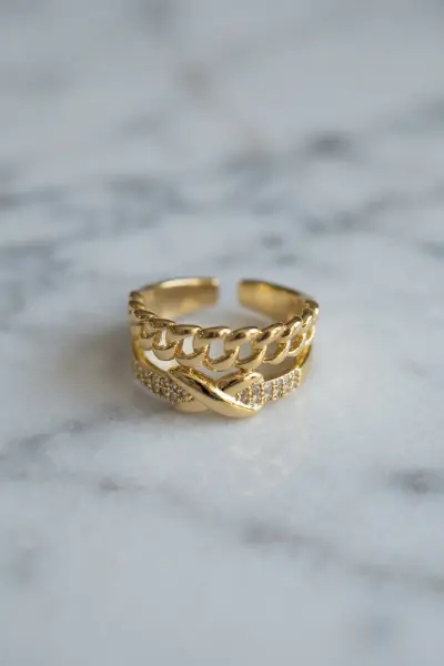 Zincir ve Düğüm Detaylı Ayarlanabilir Gold Renk Yüzük TJ-BYK4231