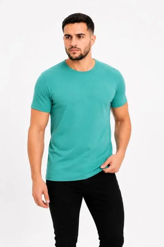 Erkek Basic Tişört Bisiklet Yaka Kısa Kol Günlük Yazlık Slim Fit T-Shirt - Su Yeşili-1 Erkek Basic Tişört Bisiklet Yaka Kısa Kol Günlük Yazlık Slim Fit T-Shirt - Su Yeşili-1