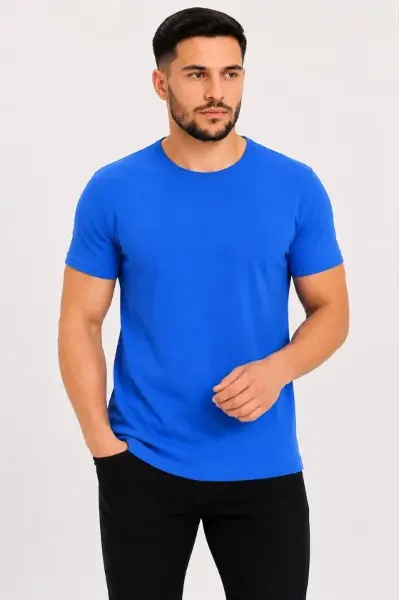 Erkek Basic Tişört Bisiklet Yaka Kısa Kol Günlük Yazlık Slim Fit T-Shirt - Saks Mavisi