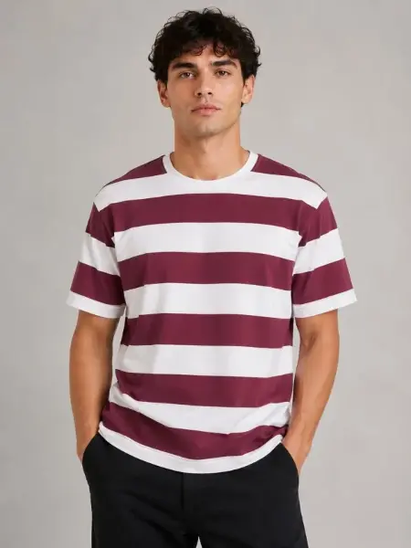 Erkek Çizgili Oversize Tişört Bisiklet Yaka Kısa Kol Yazlık T-Shirt - Bordo