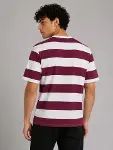 Erkek Çizgili Oversize Tişört Bisiklet Yaka Kısa Kol Yazlık T-Shirt - Bordo-2