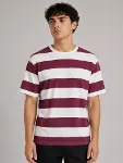 Erkek Çizgili Oversize Tişört Bisiklet Yaka Kısa Kol Yazlık T-Shirt - Bordo-3