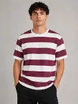 Erkek Çizgili Oversize Tişört Bisiklet Yaka Kısa Kol Yazlık T-Shirt - Bordo-1