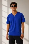 Erkek V Yaka Basic Tişört Kısa Kol Yazlık Regular Fit T-Shirt - Saks Mavisi-2