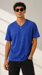 Erkek V Yaka Basic Tişört Kısa Kol Yazlık Regular Fit T-Shirt - Saks Mavisi-3