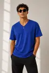 Erkek V Yaka Basic Tişört Kısa Kol Yazlık Regular Fit T-Shirt - Saks Mavisi-1