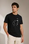 Erkek Köpek Figürlü Minimal Baskılı Tişört Kısa Kol Yazlık T-Shirt - Siyah-3