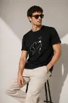 Erkek Köpek Figürlü Minimal Baskılı Tişört Kısa Kol Yazlık T-Shirt - Siyah-4